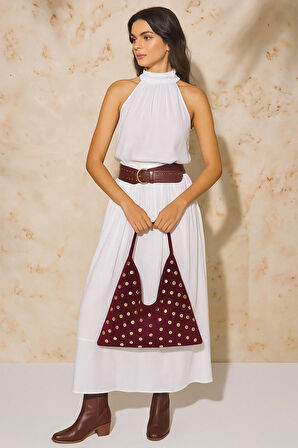 Lüks Suet Deri Gold Taşlı İkonik Üçgen Omuz Çantası