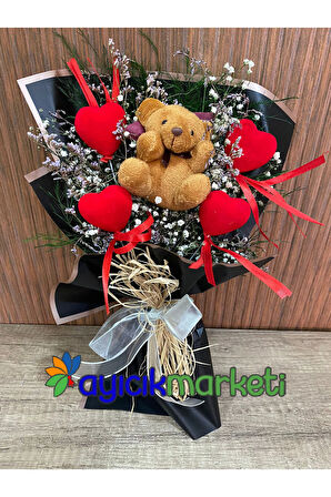 Kırmızı Kalp Süslemeli Ayıcık Buketi kahverengi