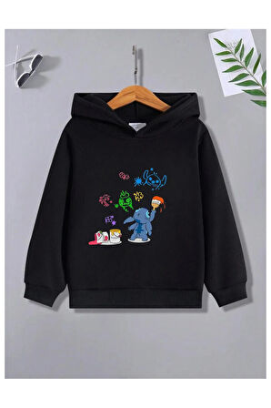 Çocuk Tasarım Boyacı Stitch Baskılı Kapüşonlu Sweatshirt Pamuklu