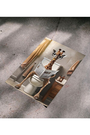 Çerçevesiz Poster Dijital Baskı , Tuvalette Oturan Zürafa , Banyo Tuvalet Dekorasyon Poster