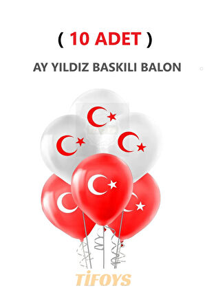 ( 10 Adet ) Ay Yıldız Baskılı Lateks Balon Kırmızı Beyaz