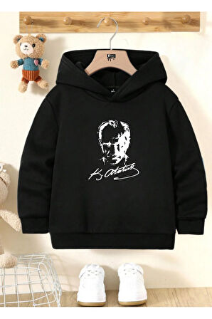 Mykn Kids Pamuklu Özel Tasarım Mustafa Kemal Atatürk Baskılı Siyah Çocuk Sweatshirt