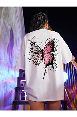 Kadın Beyaz Flower Baskılı Oversize T-shirt