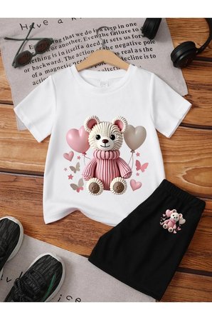 Yazlık Balonlu Ayıcık Baskılı Erkek Kız Çocuk Siyah Şort, Beyaz T-Shirt Takım