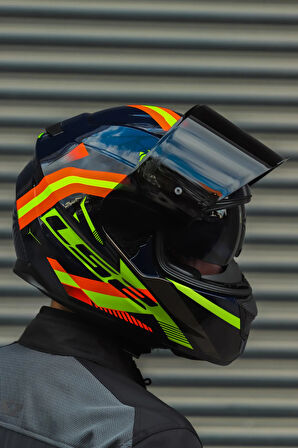 Stream Evo Reflex Mavi Turuncu Kask + Dahili Bluetooth Kulaklık
