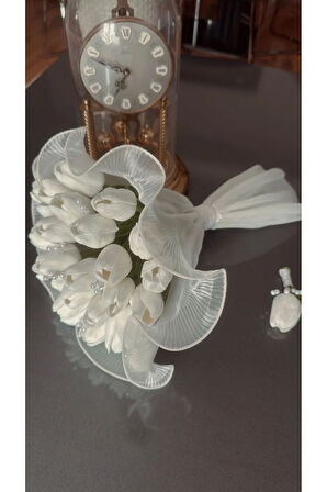 Premium Kalite Islak Lale Pileli Tüllü Incili Gelin Çiçeği Bridal Bouquet