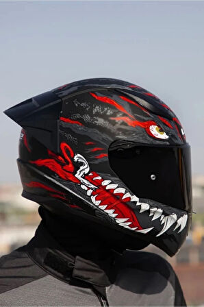 RAPID 2  KAIJU MAT SİYAH-KIRMIZI-BEYAZ KASK SİYAH CAMLI