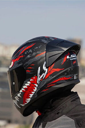 RAPID 2  KAIJU MAT SİYAH-KIRMIZI-BEYAZ KASK SİYAH CAMLI