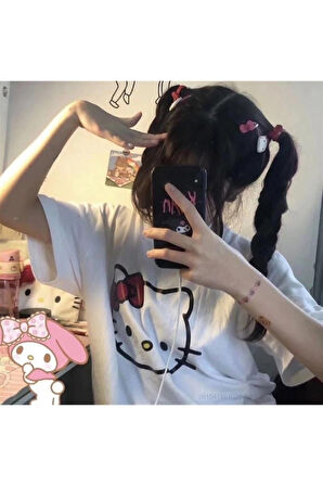Hello Kitty Baskılı Beyaz Unisex Oversize T-shirt