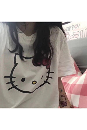 Hello Kitty Baskılı Beyaz Unisex Oversize T-shirt