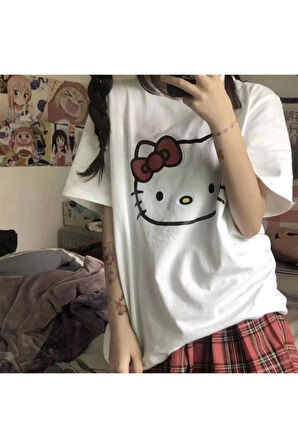 Hello Kitty Baskılı Beyaz Unisex Oversize T-shirt