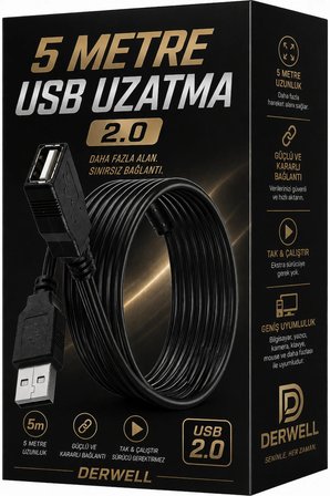 Yeni 2026 - 5 Metre Usb Uzatma Kablosu 2.0 Yüksek Hızlı Tak Çalıştır Veri Aktarım Kablosu Pc Kamera Yazıcı Klavye Mouse Uyumlu Güçlü Kararlı Bağlantı Kablosu Sürücüsüz Siyah