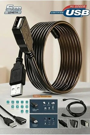 Yeni 2026 - 5 Metre Usb Uzatma Kablosu 2.0 Yüksek Hızlı Tak Çalıştır Veri Aktarım Kablosu Pc Kamera Yazıcı Klavye Mouse Uyumlu Güçlü Kararlı Bağlantı Kablosu Sürücüsüz Siyah
