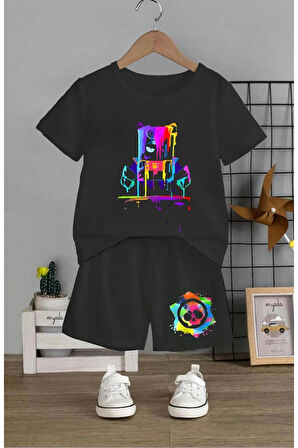 Çocuk Tasarım Brawl Stars Boyacı Renkli Baskılı T-Shirt Şort Alt Üst Takım %100 Pamuk