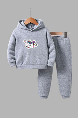 Unisex Çocuk Gri Kapüşonlu Sweatshirt ve Eşofman Altı Takımı Unicorn Baskılı