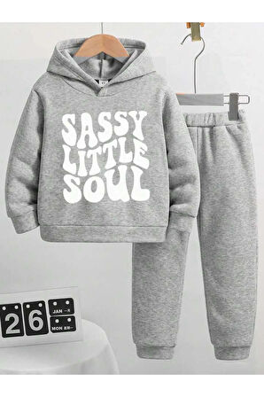 Kız\Erkek Çocuk Gri Little Soul Baskılı Kapşonlu Eşofman Takımı
