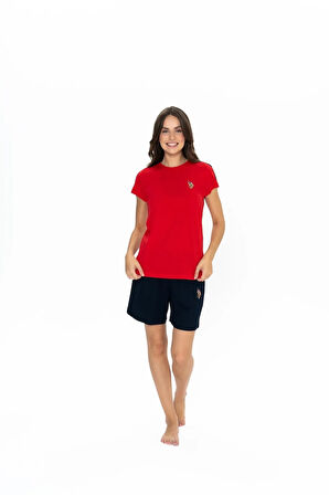 Kadın, Lisanslı, USPA, %100 Cotton, (Kırmızı), Kısa Kollu Şort Takım