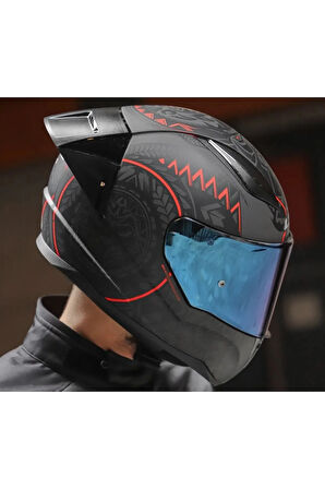 Rapıd 2 Race Takaroa Mat Siyah-Kırmızı Fullface Motosiklet Kaskı Mavi Camlı