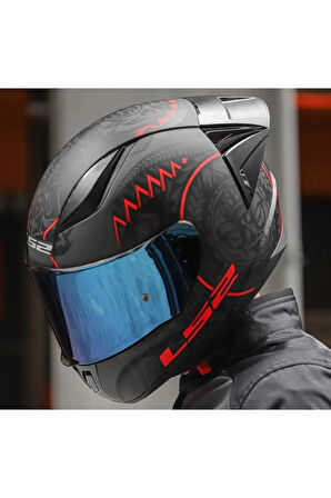 Rapıd 2 Race Takaroa Mat Siyah-Kırmızı Fullface Motosiklet Kaskı Mavi Camlı
