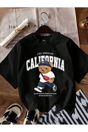 Unisex California Ayı Baskılı Oversize T-Shirt