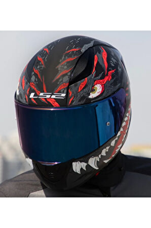 Rapıd 2 Race Kaıju Mat Siyah-Kırmızı Fullface Motosiklet Kaskı Mavi Camlı