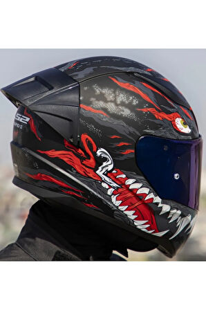 Rapıd 2 Race Kaıju Mat Siyah-Kırmızı Fullface Motosiklet Kaskı Mavi Camlı