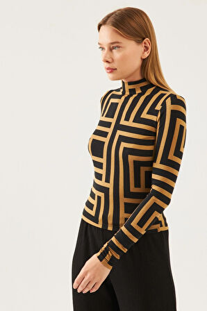 Kadın Vizon Siyah Desenli Dik Yaka Uzun Kol Viskon Bluz