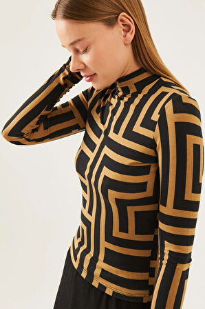 Kadın Vizon Siyah Desenli Dik Yaka Uzun Kol Viskon Bluz