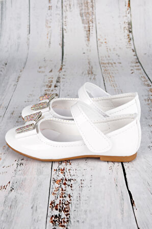 Kız Çocuk Babet Ayakkabı Cırtlı Taşlı Fiyonklu Beyaz