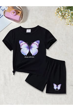 Yazlık Alvays Yazılı Kelebek Baskılı Kız Çocuk Siyah Alt-Üst Şort T-Shirt Takım