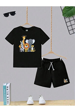 Çocuk Tasarım Hayvanlar Kids Baskılı T-Shirt Şort Alt Üst Takım %100 Pamuk