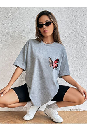 Kelebek Baskılı Oversize T-shirt garalio