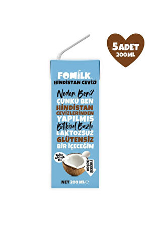 Hindistan Cevizi Sütü Glutensiz Bitkisel Bazlı Laktozsuz Vegan200 ML x 5 Adet