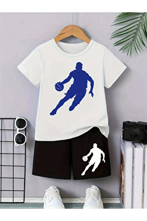Kız\Erkek Çocuk Beyaz-Siyah Basketbolcu Baskılı Penye Şort-Tshirt Takım