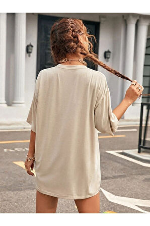 Minimal Kalp Baskılı Acık Kahverengi Oversize Tshirt
