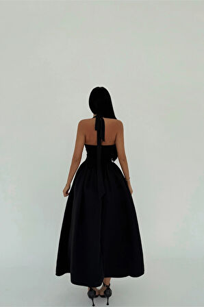 Siyah Ballerina İncili Fiyonk Detay Elbise ATE-2558