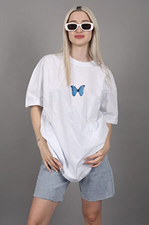 T-shirt Mavi Kelebek Baskılı Pamuk Bisiklet Yaka Oversize