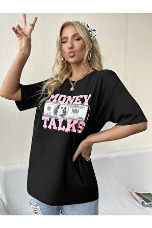 Siyah Houston Baskılı Oversize Kadın T-shirt