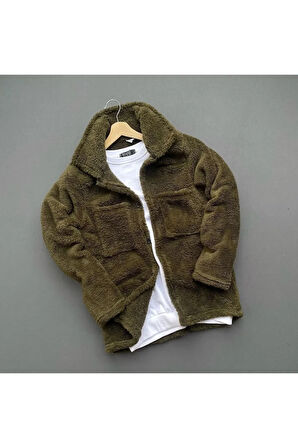 Unisex haki Peluş Polar Hırka Gömlek gri Eşofman Altı ( Tişört Dahil Değildir)