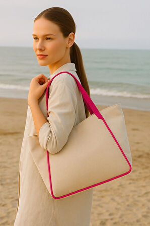 Kadın Omuz Çantası – Keten Kumaş Deri Detaylı Lüks Çanta