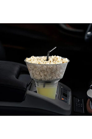 1 Adet Pratik Pipetli Bardaklı Pop Corn Kovası Atıştırma Çerez Tabağı Kuruyemiş Patlamış Mısır Cips