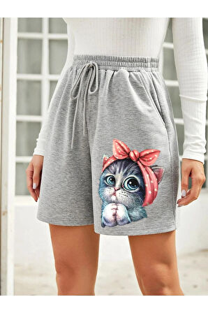 Minik Sevimli Kedi Baskılı Şort