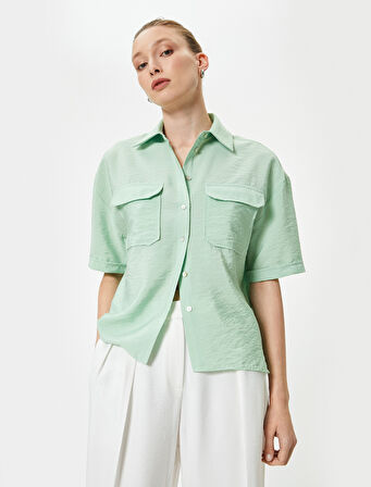 Kısa Kollu Gömlek Viskon Düğmeli Kapaklı Cepli