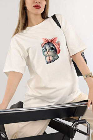 Oversize Panda Baskılı Beyaz Tshirt