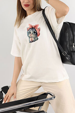 Oversize Panda Baskılı Beyaz Tshirt