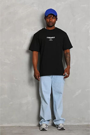 Unisex Oversize Baskılı Bisiklet Yaka T-shirt - Siyah