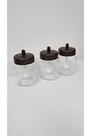 3 Adet Mat Kapaklı Kendinden Kaşıklı Baharatlık Seti - 330 Ml - Cam Kavanoz