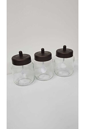 3 Adet Mat Kapaklı Kendinden Kaşıklı Baharatlık Seti - 330 Ml - Cam Kavanoz