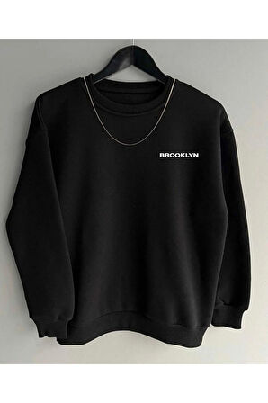 LUNAVISITA Siyah Çift Kombini Ateş Ve Su Baskılı Bisiklet Yaka Sweatshirt