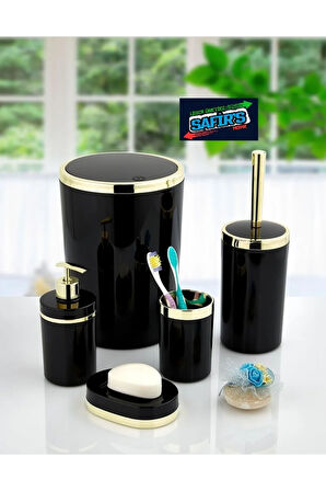 5 Parça Mermer Desen Banyo Seti / Wc Fırçalık, Sıvı - Katı Sabunluk, Çöp Kovası, Diş Fırçalık